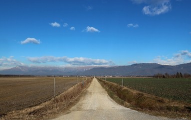 Fototapeta premium Straight country gravel road, in the plain and among the field, leading to the faraway mountains