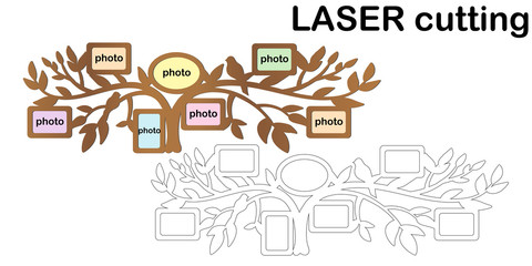 Family tree with photo frames for laser cutting. Collage of photo frames. Template laser cutting machine for wood and metal.