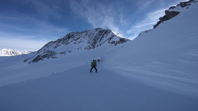 Winter time in Alps and skiers. Stubaier Gletscher. 