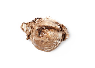 Chocolate ice cream ball isolated on white, top view 