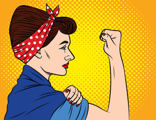 Colorful vector poster in the style of pop art about women's rights. Female feminism, female power. A girl with a bandage on her head keeps showing fist. Young woman shows protest