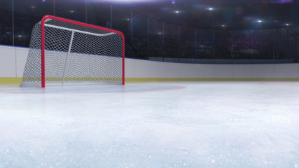 Fototapeta premium ice hockey stadium with goal red gate and blank copy space front, hockey and skating stadium indoor 3D render illustration background