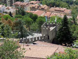 View of the towers protecting the Tower of Guaita,  Republic of San Marino