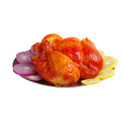 Roast chicken on a dish with vegetables. Isolated on white
