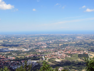 View of the Republic of San Marino, the region of Emilia-Romagna and the Adriatic Sea, Italy.