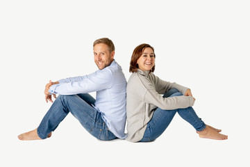 Young attractive smiling couple thinking of future or past together isolated on white and copy space