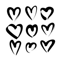 Set of Black hand drawn heart. isolated on white background