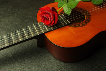 Classical Spanish guitar and red rose