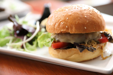 Beef Hamburger  with fries and salad on wooden background