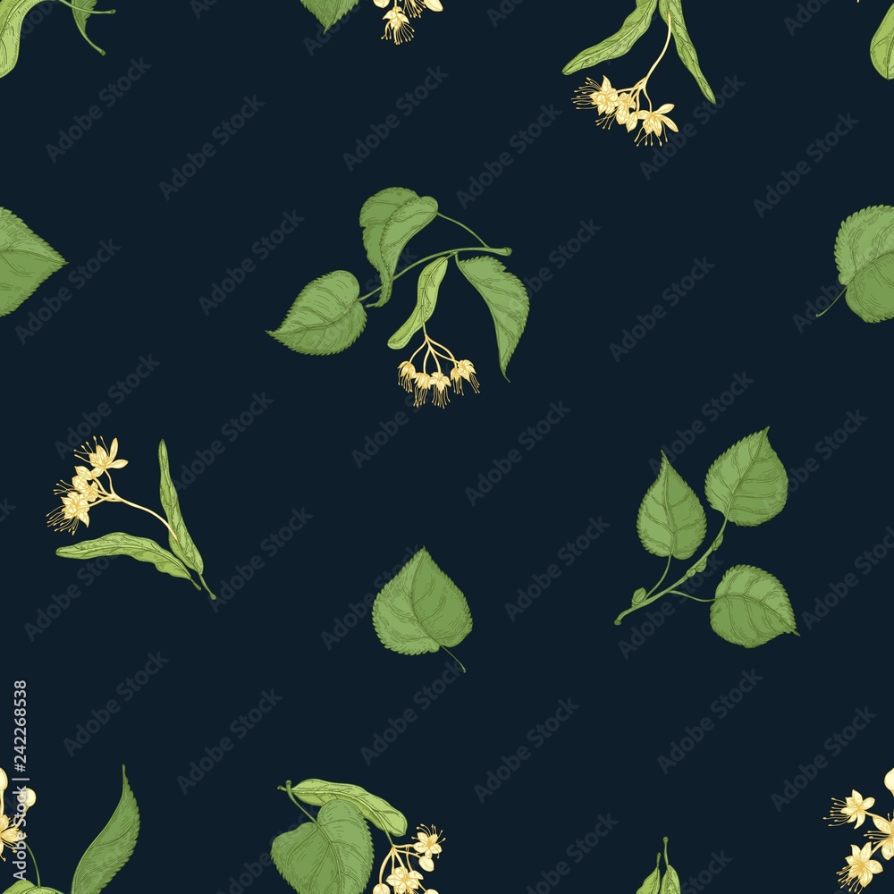 Poster natural seamless pattern with flowering linden sprigs hand drawn on black background. backdrop with 