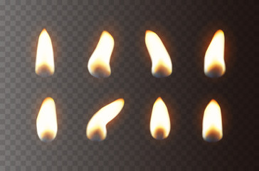 Candle flame lights isolated on transparent background. Set of burning fire. Vector realistic candlelight element design.