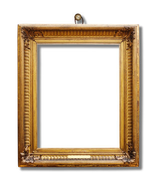 Picture gold wooden frame for design on white isolated background