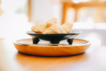warabi mochi Japanese dessert on wooden table