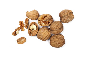 Walnuts, isolated on white background, top view