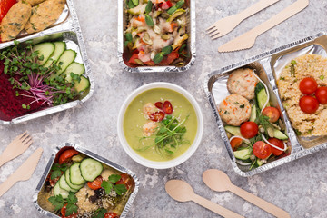 Take away food, variety of healthy meals top view