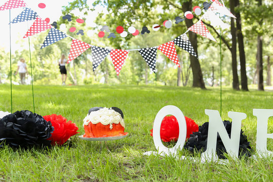 First Cake, One Year Old Child, Birthday, 2 Years Old, Beautiful Photozone In Sea Style, Black-gold Background, Colored Background, Green	