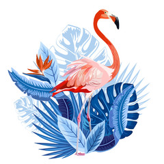 Pink flamingo and tropical palm leaves, plants, bird of paradise.  Vector illustration isolated on white background.  © Marina_Eisymont