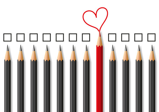 Concept de l’expression d’un sentiment amoureux dans un environnement rigoureux et hostile avec des crayons noirs et des carrés face à un crayon rouge dessinant un cœur.