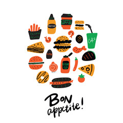 Bon appetite . Funny hand drawn circle illustration of different fast food. Vector