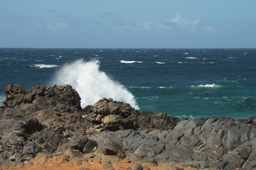 Paesaggio marino con spruzzo di onda bianca, Aruba, mar dei Caraibi