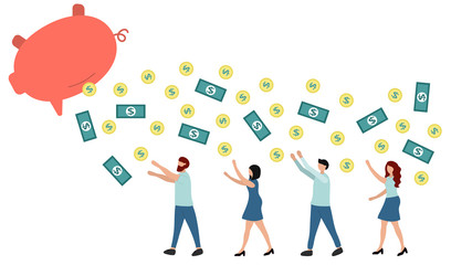 Large piggy bank flies away, money falls, small people run and catch coins and bills. Vector flat business illustration. 
