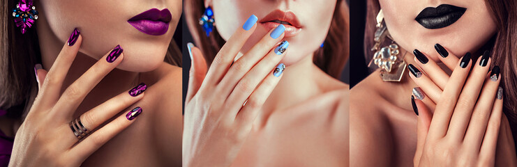 Beauty fashion model with different make-up and nail design wearing jewelry. Set of manicure. Three stylish looks