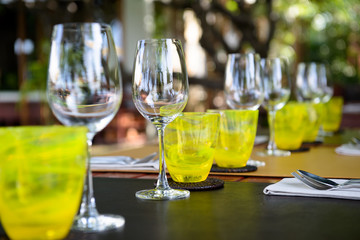 Wine glasses on table in restaurant