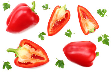 sliced red sweet bell pepper isolated on white background. top view