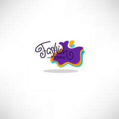 fashion boutique and store logo, label, emblem with bright balloon dress and lettering composition