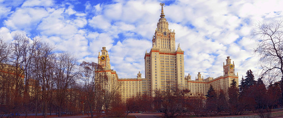 Wide angle vibrant panoramic view of famous Russian university in late autumn