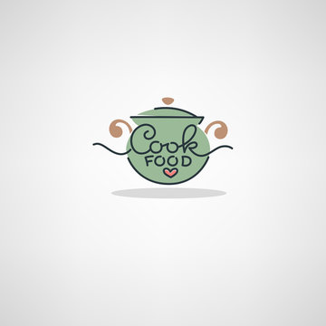 Home Food Logo, image of cooking pot and hand drawn doodle lettering