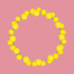 Dandelion wreath on a pink background. Floral round frame from yellow flowers. Greeting card template. It can be used as an design element in projects. Vector illustration