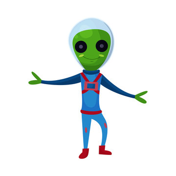 Smiling green alien with big eyes wearing blue space suit, alien positive character cartoon vector Illustration