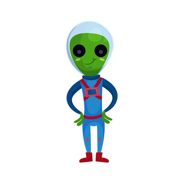 Friendly smiling green alien with big eyes wearing blue space suit, alien positive character cartoon vector Illustration