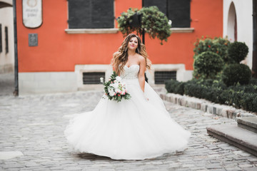 Fototapeta premium Beautiful fashion bride in wedding dress posing