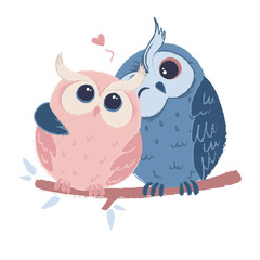 Two cute hugging owls in love. Colorful vector illustration for greeting cards, web and printing.
