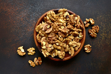 Organic dried walnut.Top view with copy space.