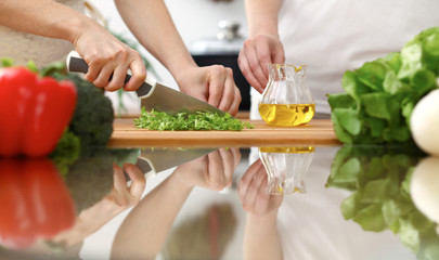 Obraz na płótnie Canvas Closeup of human hands cooking in kitchen. Mother and daughter or two female friends cutting vegetables for fresh salad. Friendship, family dinner and lifestyle concepts
