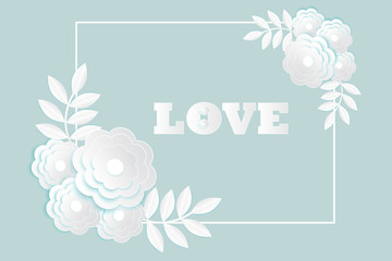 LOVE  greeting card with abstract white 3d flowers on blue background, vector illustration
