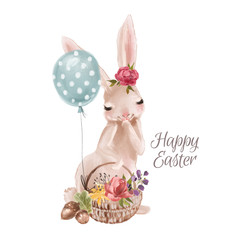 Cute hand drawn bunny with floral wreath, bouquet, flowers and tied bow in a basket with balloons