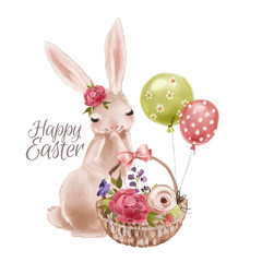Cute hand drawn bunny with floral wreath, bouquet, flowers and tied bow with basket and balloons