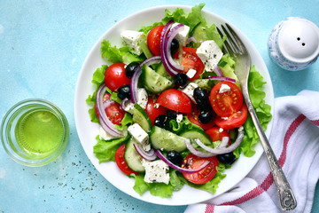 Traditional greek vegetable salad.Top view with copy space.