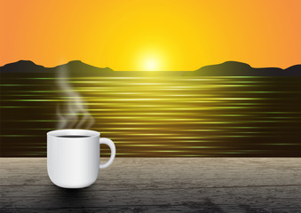 Hot coffee cup on vintage wooden table on sunrise above the horizon background vector illustration