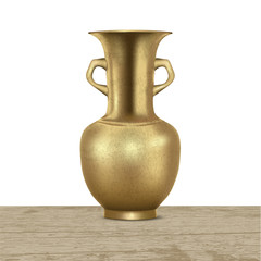 Realistic 3d antique vintage retro grunge brass pitcher on wooden desk on white background vector illustration