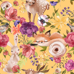 Seamless floral pattern, tileable pattern, textile, fashion background with woodland animals - deer, fox and bunny and flowers