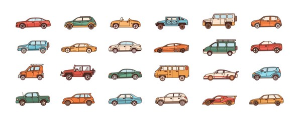 Bundle of cars of different body configuration styles - cabriolet, sedan, pickup, hatchback, van. Set of modern automobiles or motor vehicles of various types. Vector illustration in line art style.
