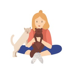 Girl holding, cuddling and stroking her cats. Young woman sitting cross-legged and playing with domestic animals. Pet owner isolated on white background. Colorful flat cartoon vector illustration.