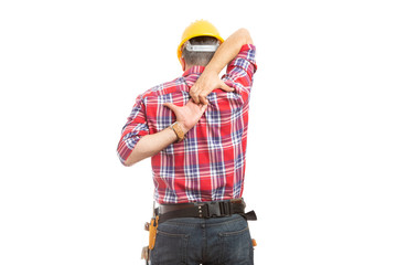 Constructor stretching with hands behind back.
