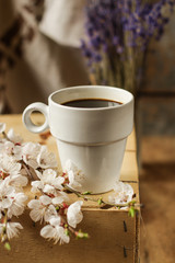 coffee in a cup on the table and primrose on the table (aroma). copy space. top