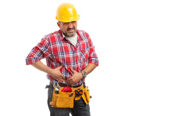 Builder touching abdomen as liver problems.